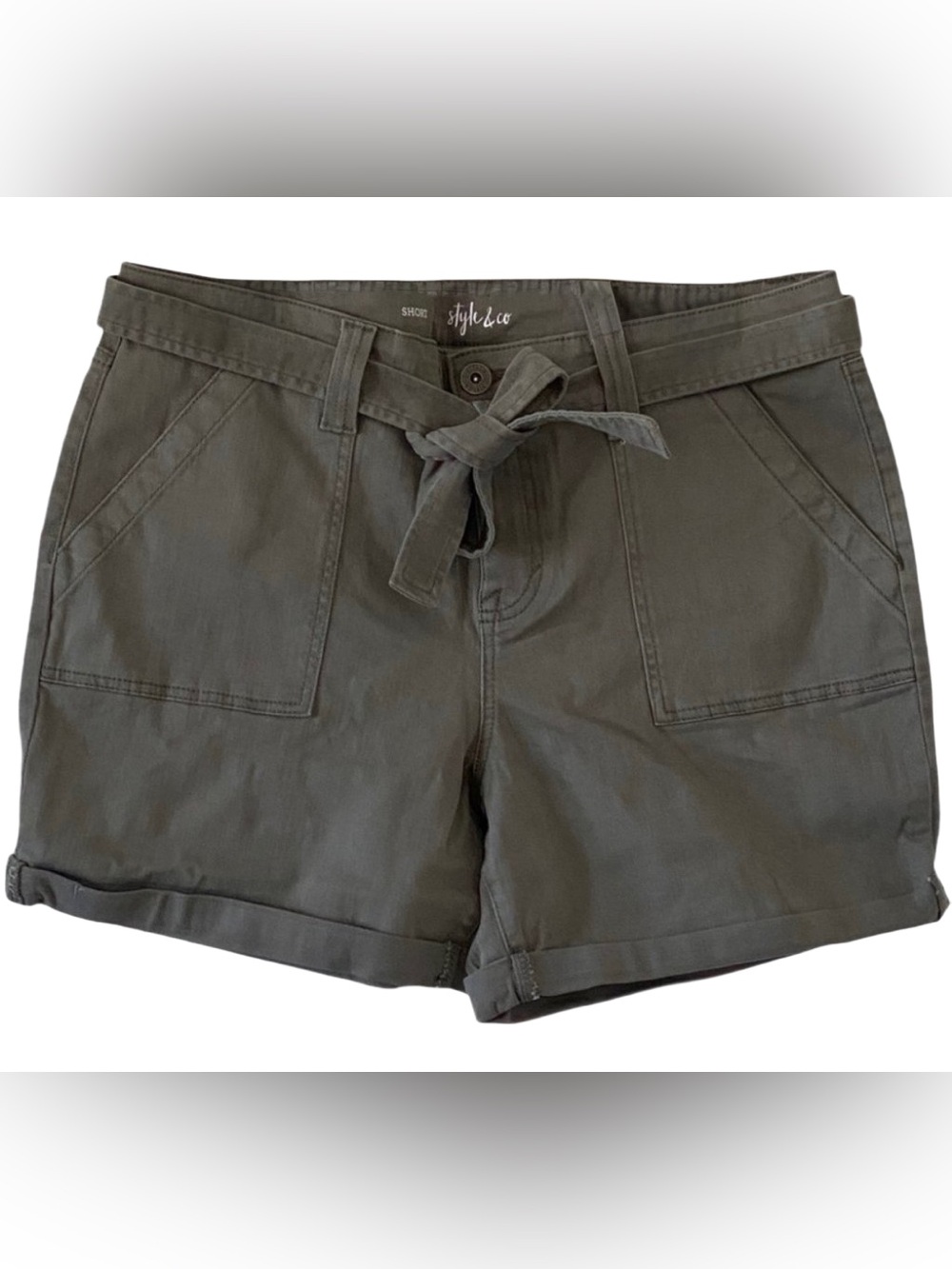 Style & Co Women's Belted Utility Shorts Mid Rise Olive Size 14
